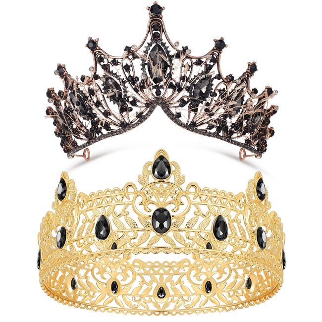 Ferraycle 2 Pcs Crowns for Men Women King Royal Crown with Black Rhinestone Crystal Queen Royal Round Crown Halloween Medieval Princess Costume for Wedding Homecoming Prom Party Decorations