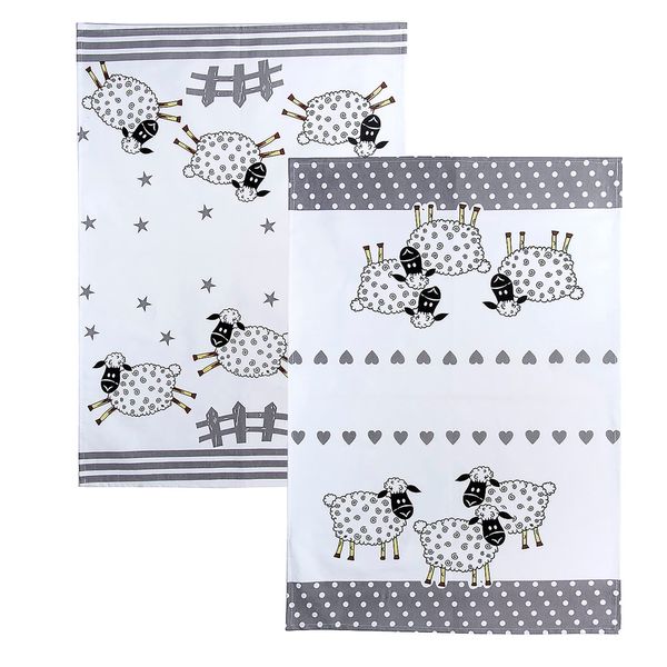 SPOTTED DOG GIFT COMPANY Tea Towels for Kitchen, Quality 100% Cotton Dish Towels for Drying Dishes, Black and White Farm Animal Sheep Themed, Gifts for Sheep Lovers (Set of 2,70cm x 50cm)