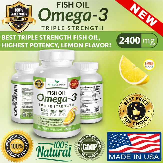 BEST TRIPLE STRENGTH OMEGA 3 FISH OIL PILLS 2400mg HIGH POTENCY | LEMON FLAVOR!