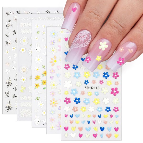 Sularpek 3D Fiori Adesivi Unghie 5 Fogli Nail Art Stickers Unghie Autoadesivi, 5D Decorazioni Unghie Nail Art Disegni