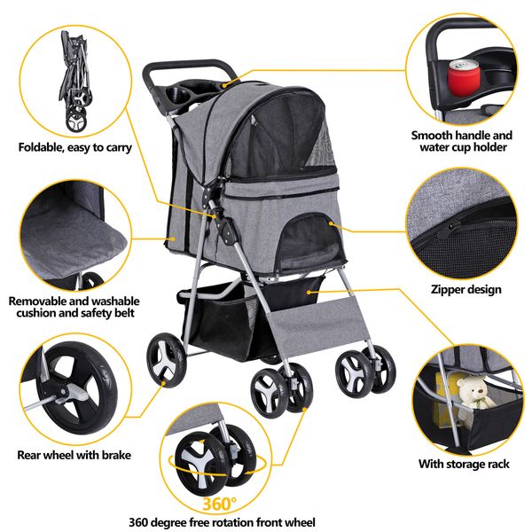 Pet Dog Stroller Travel w/Foldable Carrier Cart & Cup Holder 4-Wheeler Gray