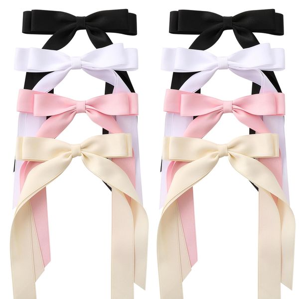 Slevaty 8PCS Hair Bows for Women, Hair Ribbon with Long Tail Bowknot Hair Clips for Women Girls, Hair Barrettes with Bow Accessories（Black White Beige Pink Colors）