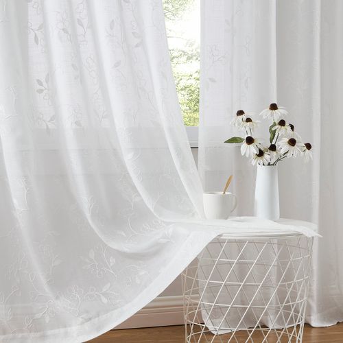Vision Home Floral White Sheer Curtains 84 inch Embroidery Leaf Patterned Farmhouse Light Filtering Embroidered Window Treatment Set for Living Room Bedroom White Rod Pocket Drapes 2 Panels 52"Wx84"L