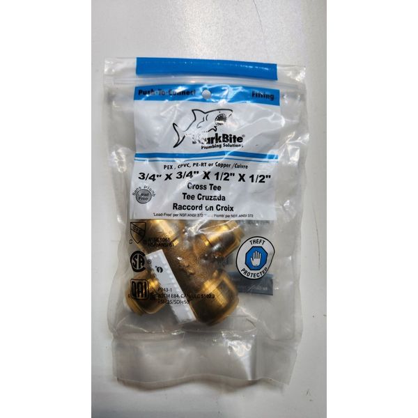SHARKBITE U380LFA 3/4" X 3/4" X 1/2" X 1/2" PTC BRASS CROSS TEE FITTING