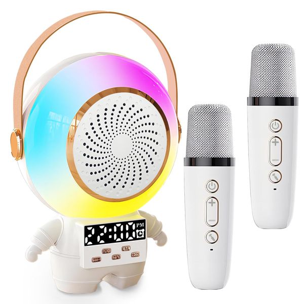 HSEONEJIA Mini Karaoke Machine for Kids, Portable Bluetooth Speaker with Clock LED Light and 2 Wireless Microphones, Christmas Birthday Gifts for Toddler Girls and Boys Age 3-5 Year Old (White)