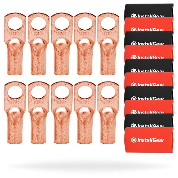 InstallGear 4 Gauge AWG Pure Copper Lugs Ring Terminals Connectors with Heat Shrink (10 Pack) | Electrical Connectors, Heat Shrink 4 Gauge Wire Connectors for 4 Gauge Wire Terminals