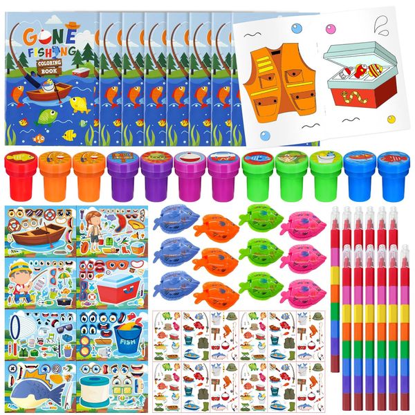 72 Pcs Gone Fishing Party Coloring Book with Crayons Bulk,Summer Fishing Party Favors Goodie Bags Fillers,Little Fisherman Birthday Party Supplies Face Stickers Tattoo Prizes Gift for Summer Party