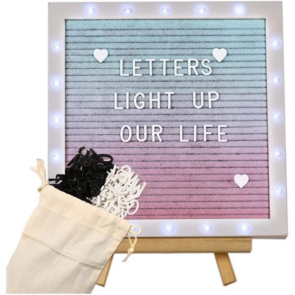 LED Gradient Felt Letter Board Sign Lights, 10in × 10in Changeable Message Board with 470 Black & White Pre-Cut Letters for Valentine's Day Birthday Gifts Baby Showers Wedding Party Decor