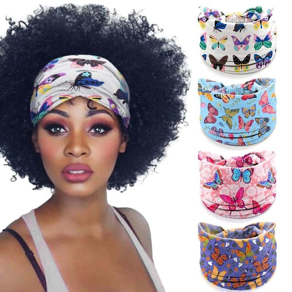 Aceorna Boho Butterfly Headbands Stretch Knotted Hairbands Floral Printed Hair Bands Elastic Turban Head Wraps Wide Head Bands for Women and Girls Pack of 4 (Butterfly E)