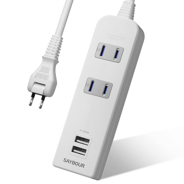 Extension Cord with USB Outlet, Rapid Charging, Power Strip, Stylish, PSE Certified, 2 AC Outlets, 2 USB Ports, For Outings, Travel, Office, Home Use, 6.6 ft (2 m), White (Japanese version)