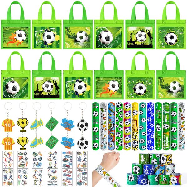 Winrayk 12 Set Soccer Party Favors Sports Birthday Supplies Kids, Non Woven Gift Bags Slap Bracelet Keychain Tattoo Sticker Boys Gift Toy Soccer Pinata Filler Goodie Bag Stuffers Soccer Party Supplies