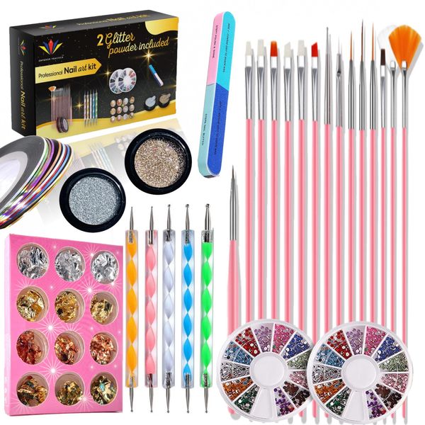 Nail Art kit Accessories, 15pcs Nail Art Brushes, Tools, Nail Pen designing Dotting, Colourful Nail foil, Stripping Manicure Tape, Rhinestone, Nail Glitter Powder, Nail File, Supplies In Nail Art Set