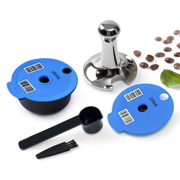 Tassimo Refillable Pods Reusable Coffee Pods for Tassimo Bosch Coffee Maker, BENFUCHEN Tassimo Coffee Discs, Blue, 1 * 180ML Pod+1 * 220ML Lid+1 Tamper