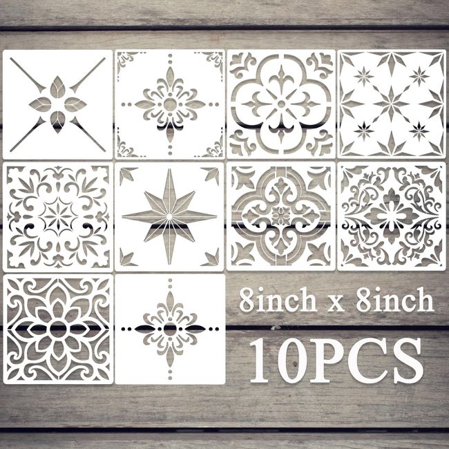 10pcs 8 x 8 Inches Mixed Tile Stencils Wall Stencil for Walls, Tiles, Wood, Reusable Concrete Stencils Floor Stencils for Painting Floors, Front Porch, Concrete Patios, Fabric, Furniture (10 Styles)