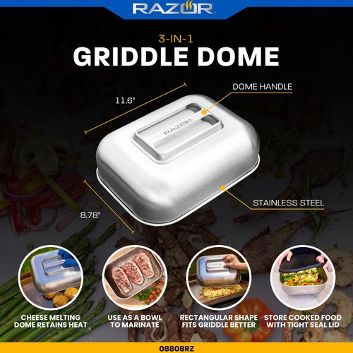 Razor 3-in-1 Griddle Dome to Melt Cheese Marinate or Store Food with Tight Seal Lid