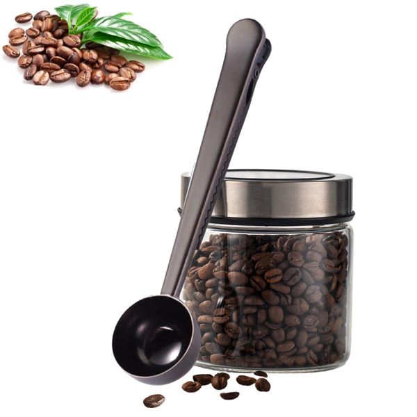 Keepaty 2 in 1 Coffee Scoop and Bag Clip, Stainless Steel Coffee Scoop with Bag Clip, for Ground Coffee and Beans, Black, 6.9Inch/17.5cm