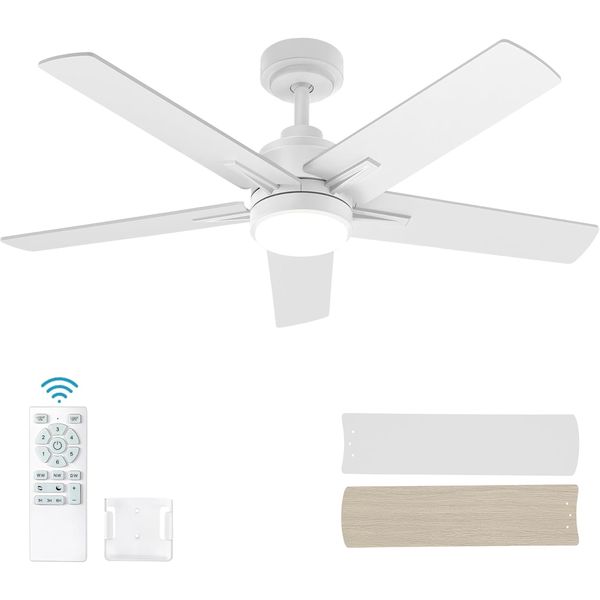 48 Inch White Ceiling Fan with Lights and Remote Control,Dimmable 3 Color Temper