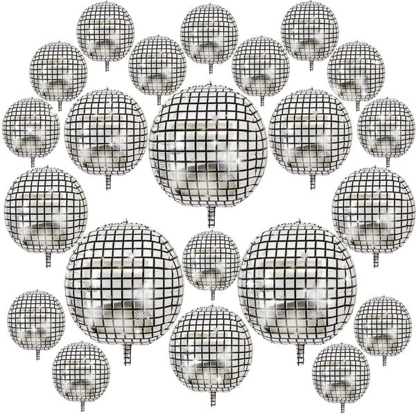 dmjuncong 22Pcs Disco Ball Balloons Different Sizes- 4D Large Disco Balloons 32” 22” 10 Inch Metallic Silver Disco Balloons for 70s 80s Disco Themed Birthday New Year's Party Decor Supplies