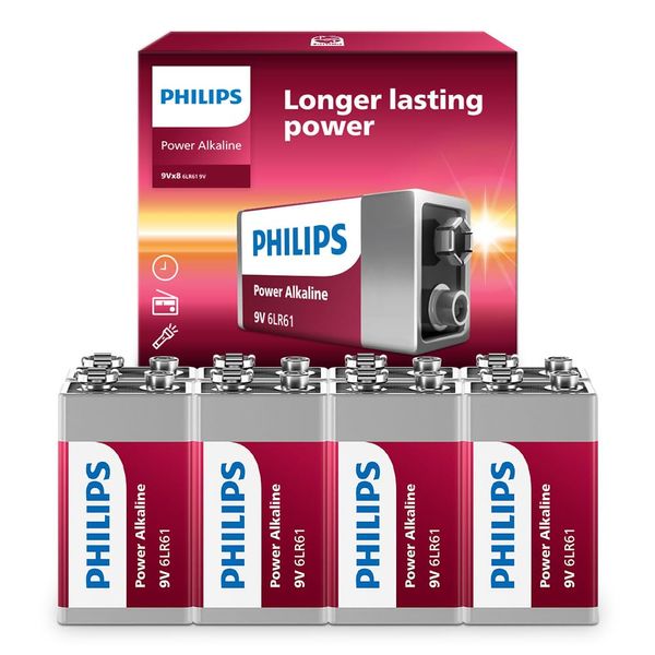 PHILIPS 9 Volt Battery, (8-Count) Power Alkaline 9v Batteries for Smoke Detector, Long Lasting Power Up to 5 Years in Storage, 9v Battery Leak Proof Design, All Purpose Rectangle Batteries.