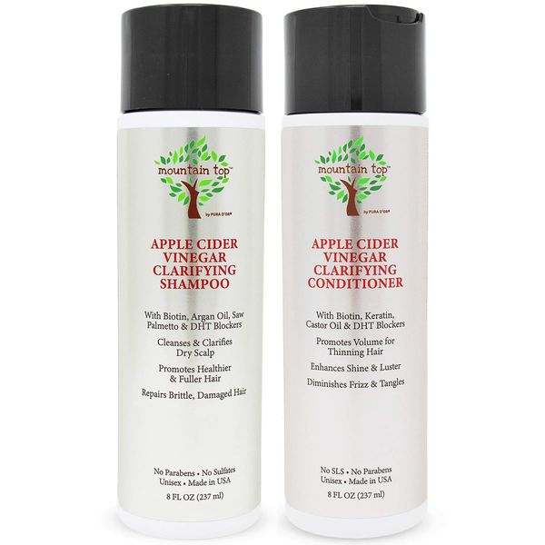 MOUNTAIN TOP Apple Cider Vinegar ACV Shampoo & Conditioner Set (2 x 8oz) with Biotin, Castor Oil - Fuller & Thicker Hair, Reduced Frizz, Split Ends - Paraben, Sulfate Free, All Hair Types, Men & Women