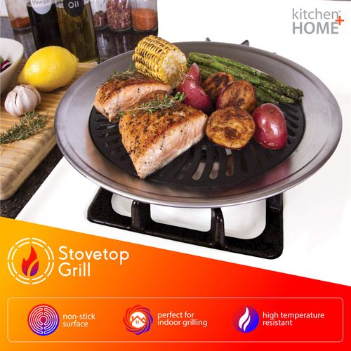 Kitchen + Home Stove Top Smokeless Grill Indoor Korean BBQ Grill Pan,- Stainless Steel with Double Coated NonStick Surface with Bonus Stove Top Gas Range Burner Liners
