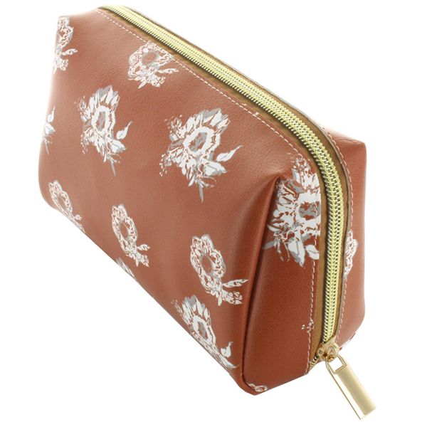 Inkaisangyo Makeup Pouch, Cosmetics Pouch, Small Pouch, Compact, Cute, White, Floral x Brown