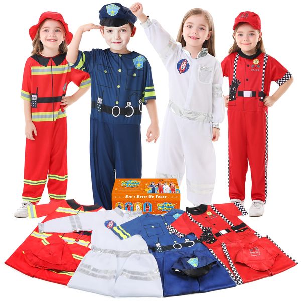 Jeowoqao Dress up Clothes for Little Boys Girls, Kids Dress Up Pretend Play Costumes,Police, Firefighters,Racers,Astronauts Costume for Toddler Age 3-6 Years Play Gift