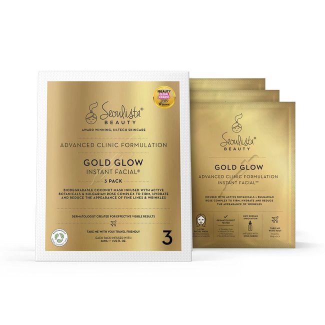 Seoulista Gold Glow Instant Facial® | 3 Pack | Anti-Ageing Face Mask | Bulgarian Rose Oil, Vitamin C, Niacinamide | Dermatologist Created Korean Skin Care | Multi-Award Winning