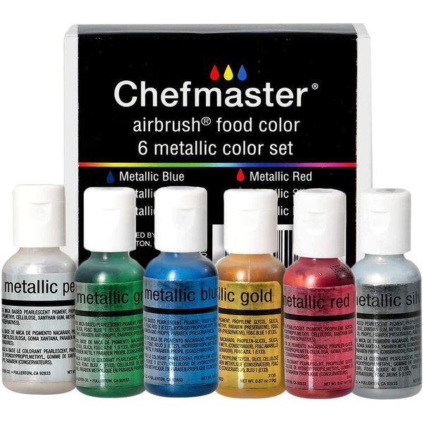 Chefmaster - Metallic Airbrush Kit - Airbrush Food Coloring - 6 Pack - Vibrant and Fade-Resistant Sheen - Works With Any Airbrush Tool to Achieve Amazing Effects and Designs - Made in the USA