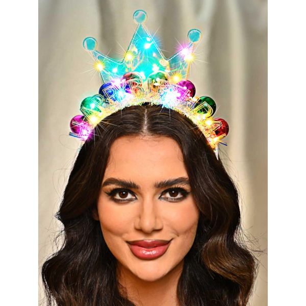 JEWEKY Light Up Happy Birthday Crown Headbands Glitter Birthday Hair Band Led Ball Party Birthday Hair Accessories Women (See Through)