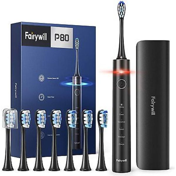 Fairywill P80 Sonic Electric Toothbrush 5 Modes with 8 Brush Heads Travel Case