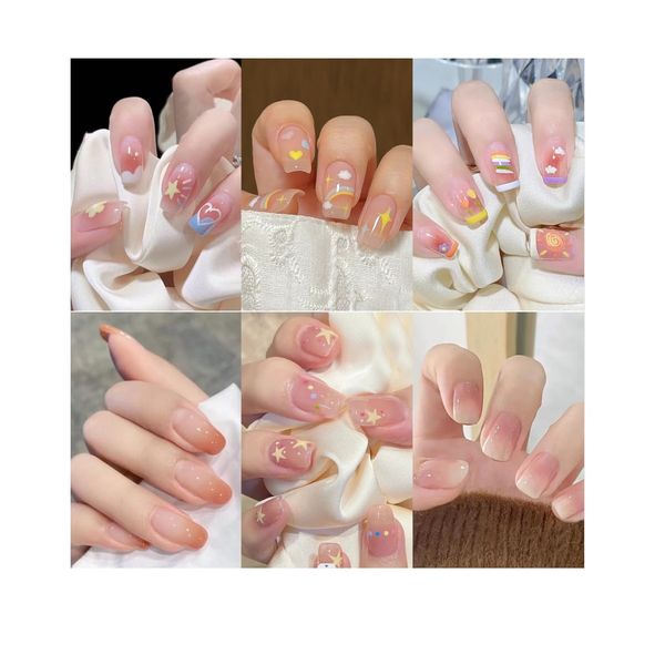 6 Packs (144Pcs) Salon Acrylic Press On Nails, Glossy Glitter Color Gradient Stick on Nails short, Square Shape, 6 bottles of Glue, 1 Prep Pad, 1 Jelly Adhesive Tape,1 Manicure Stick, 1 Mini File