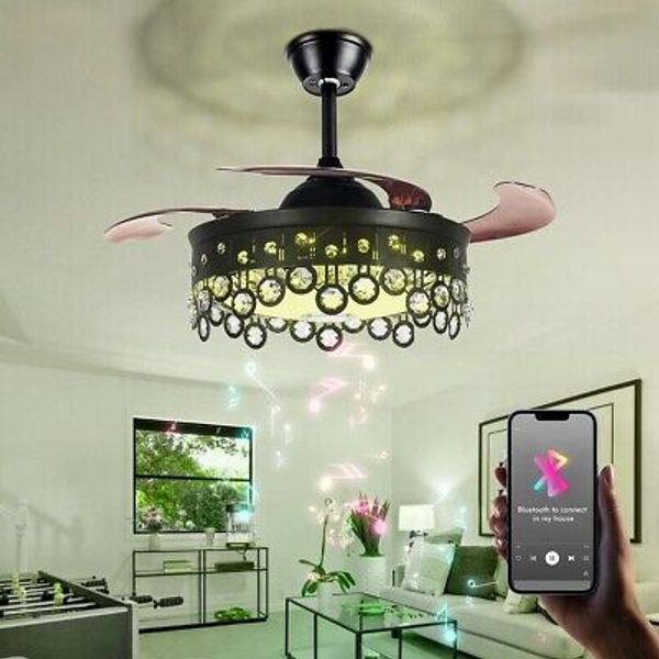 42" Bluetooth Music LED 7-Color Crystal Chandelier Remote Invisible Ceiling Fans