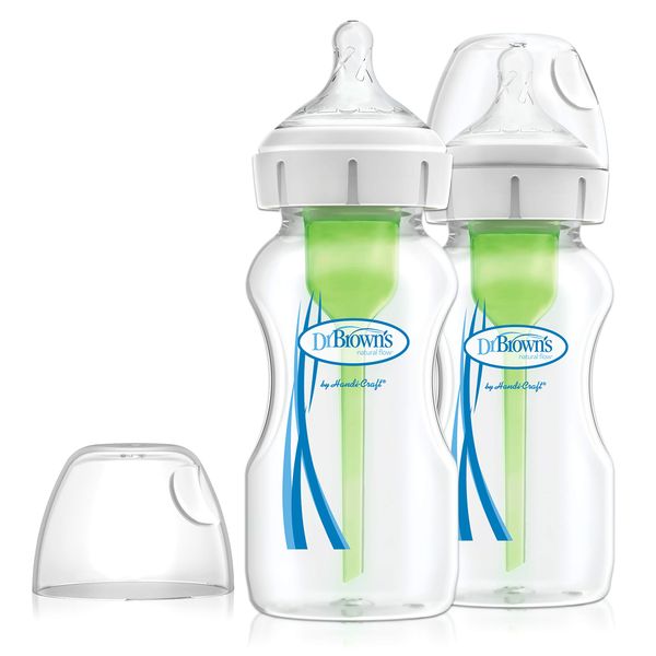 Dr Brown's Natural Flow Anti-Colic Options+ Wide-Neck Baby Bottle, 9oz/270ml, with Level 1 Teat, 2-Pack