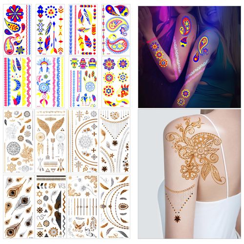 LHOEST 16 fogli di tatuaggi temporanei per festival, oro flash e luminosi per adulti, tatuaggi da incollare per accessori festival, accessori per festival, glitter per il corpo e il viso