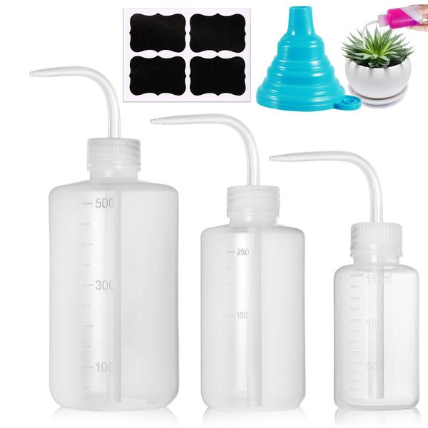 Nadisean 3Pcs Wash Bottle 500ml 150ml 250ml, Plastic Lab Wash Bottles, Tattoo Wash Bottles with Scale Labels, Squeeze Bottle No Spill Bend Mouth Watering Cans for Eyelash Cleaning, Plant Watering