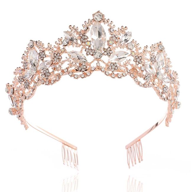 Yean Gold Queen Crown Crystal Crowns Headband Rhiestone Tiara for Women and Girls (Rose Gold Comb)