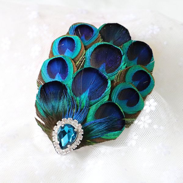 RUNHENG Handmade Feather Peacock Hair Clip, Natural Feather Fascinator Barrette with Sparking Rhinestone and Blue Diamond