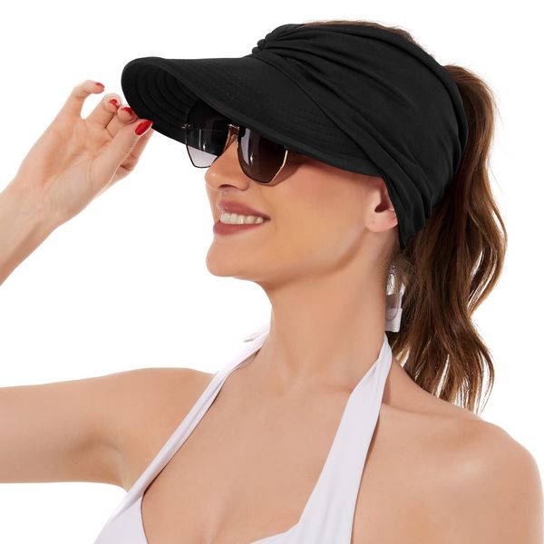 Sun Hats for Women Wide Brim Summer Hat with UV Protection Beach Sport Golf Sun Visor Cap with Ponytail Hole Black