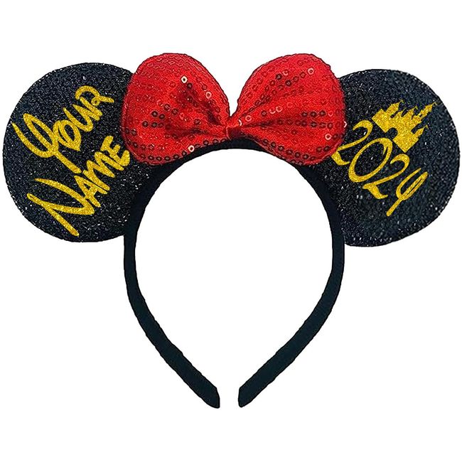 Custom Mouse Ears for Family Theme Park Trips, Personalized Amusement Park Vacation Gifts, Black Sequin Headbands with Red Sequin Bow