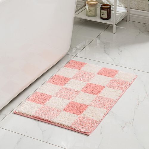 CozeCube Checkered Bath mats for Bathroom Non Slip, Fluffy Absorbent Microfiber Bath mat Washable, Aesthetic Bathroom Rugs, Cute Bath mat for Shower Sink, Blossom Pink, 24" x 16"