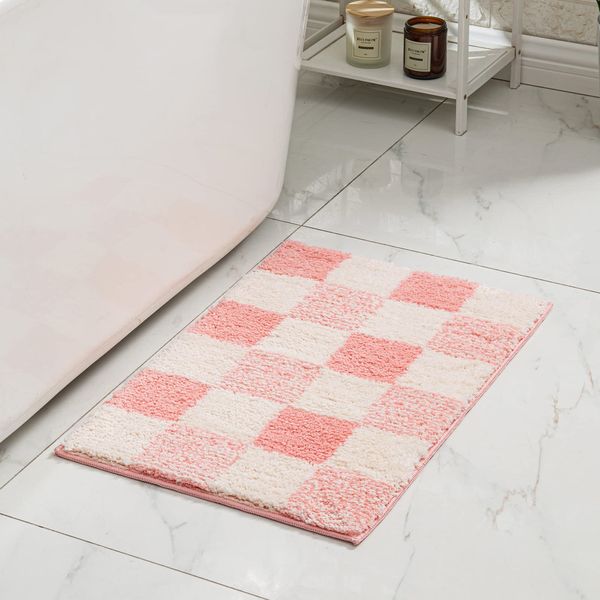 CozeCube Checkered Bath mats for Bathroom Non Slip, Fluffy Absorbent Microfiber Bath mat Washable, Aesthetic Bathroom Rugs, Cute Bath mat for Shower Sink, Blossom Pink, 24" x 16"