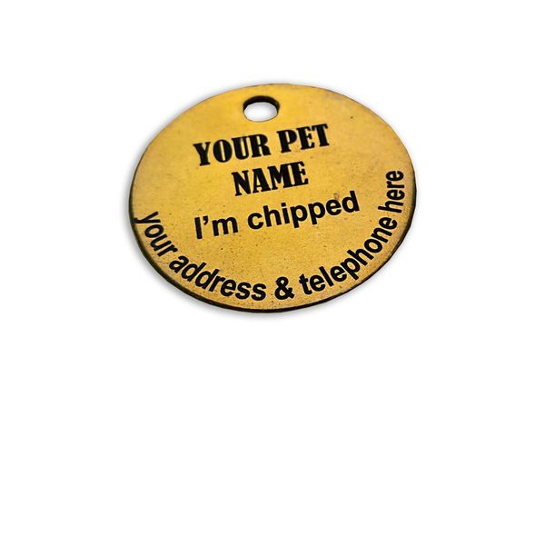 Personalised dog cat pet ID tag  brass laser engraved