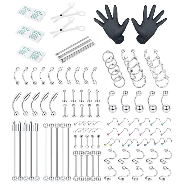 YADOCA 140Pcs Piercing Kits for All Piercings Stainless Steel 14G 16G 20G Nose Septum Lip Industrial Barbells Labret Studs Tongue Eyebrow Nipple Belly Ear Tragus Cartilage Helix Piercing Jewelry