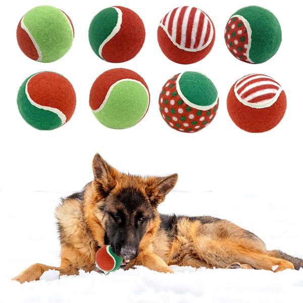 Vehomy 8Pcs Christmas Dog Tennis Balls Dog Xmas Squeaky Tennis Ball Toy Xmas Green and Red Puppy Interactive Toys for Small Medium Dogs Training Playing