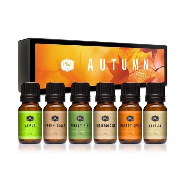 P&J Fragrance Oil Autumn Set | Brown Sugar, Apple, Harvest Spice, Vanilla, Forest Pine, and Snickerdoodle Scents for Candle Making, Freshie Scents, Soap Making Supplies, Diffuser Oil Scents