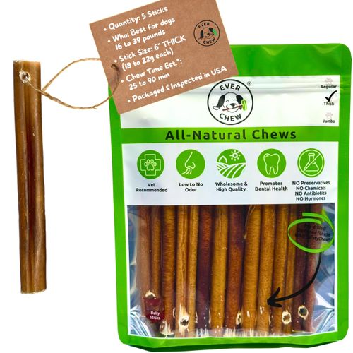 EverChew | Premium 6" Low-Odor Bully Stick Refill Packs – Free-Range, Grass-Fed, 100% Beef | 6" Thick - 5 Pack