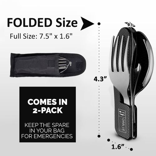 Orblue 4-in-1 Camping Utensils, 2-Pack, Portable Stainless Steel Spoon, Fork, Knife & Bottle Opener Combo Set - Travel, Backpacking Cutlery Multitool