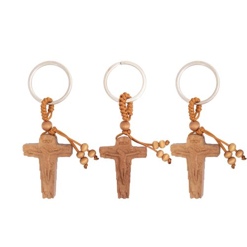 Nazareth Store 3pcs Wooden Crucifix Keychain Set – Hand-Carved Peach Wood Cross with Beaded Rope, Catholic Key Ring for Bags, Cars & Accessories