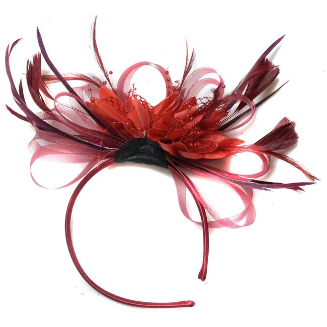 Caprilite Fashion Burgundy and Scarlet Red Fascinator Headband Net Hoop Feather Hair Wedding Royal Ascot Races